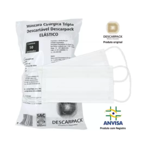 Máscara Branca tripla com elástico com 50 unidades – Descarpack